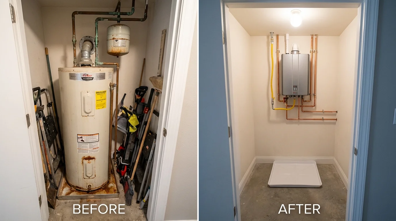 Tank water heater versus wall-mounted tankless unit comparison for Aurora, OH homeowners